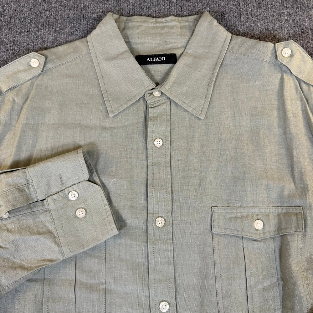 Alfani Mens Sage Green Linen Blend Utility Button Down Shirt Large #4086